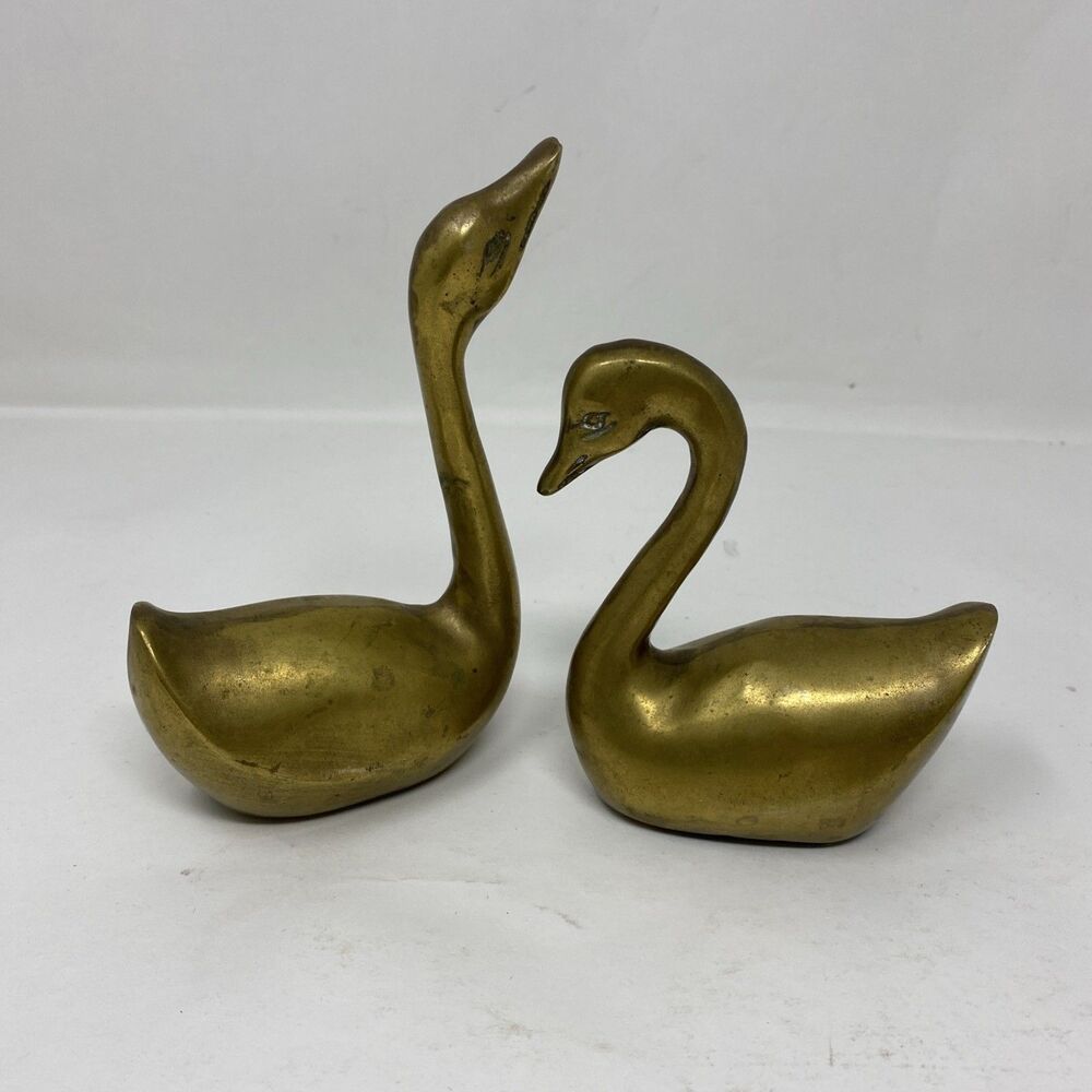 1970s Mid Century Modern Solid Brass Swan Figurines Set Of 2